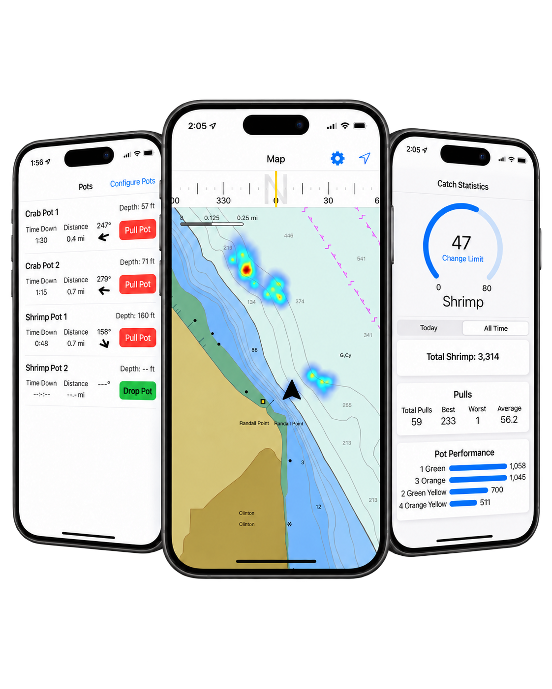 Crab and Shrimp Pot Tracker showing the pot list, catch heatmap, and catch analytics on three iPhones